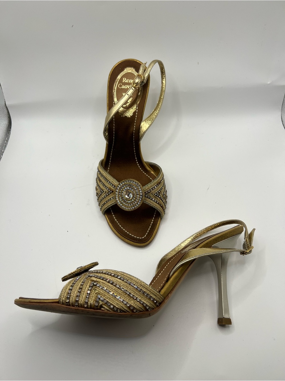 Rene Caovilla Gold Crystal Medallion Slingback Heels - Picture 2 of 15